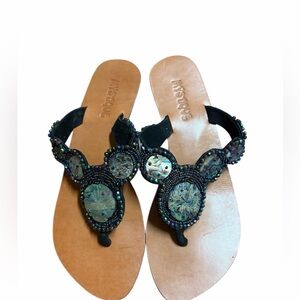 Mystique Boutique Black Suede Thong Sandals with Tan Footbed